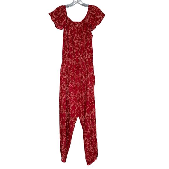 BEACHGOLD Anthropologie Red Patterned Off Shoulder Jumpsuit Women's Size Large P - Picture 3 of 8